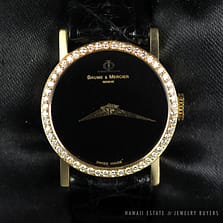VINTAGE BAUME & MERCIER DIAMOND BEZEL 18K YELLOW GOLD ROUND FACE BLACK LEATHER STRAP WATCH