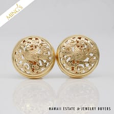 MING'S 9.6g 14KYG BIRD IN PLUM 20mm BUTTON EARRING WITH PIERCED OMEGA CLIPS AND BOX