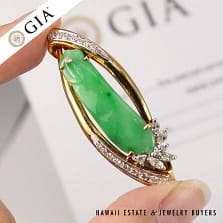 GIA Grade A Green NATURAL Jadeite Jade 0.66ctw Diamond 18K Yellow Gold Brooch