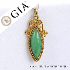 GIA Type A Green Jadeite Jade Marquise 24K Yellow Gold Pendant