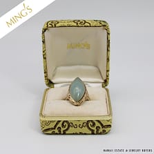 MING'S 7.5g 14KYG PALE GREEN JADE MARQUISE CAB RING SIZE 6.75 WITH BOX
