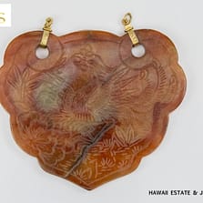 MING'S 14KYG 94.5g RED JADE DRAGON & PHOENIX CARVED MEDALLION