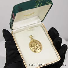 Ming's Bird in Plum 14K Yellow Gold Carved Oval Pendant w/ Box