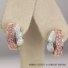 0.45CTW Diamond & 1.25CTW Pink Sapphire 18K Two Tone Huggie Earrings