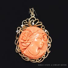 VINTAGE CORAL CAMEO DIAMOND HAND MADE WIRE WORK 14K YELLOW GOLD PENDANT