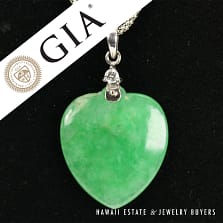 GIA Grade A Jadeite Jade Heart Shield Diamond 18K White Gold Pendant w/ Chain