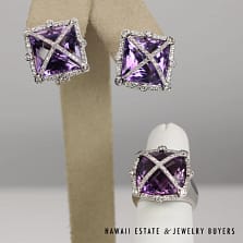 45ctw Chessboard Amethyst 1.50ctw Diamond Earrings and Ring 32.7g 18KWG Set