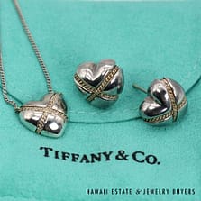 Tiffany & Co Sterling Silver Cross Heart Set Earrings Pendant Necklace w Pouch