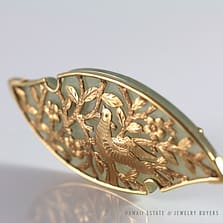 TRANSLUCENT GREEN JADEITE JADE OPEN WORK FLORAL BIRD 14K YELLOW GOLD BROOCH PIN