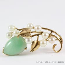 MING'S HAWAII APPLE GREEN JADEITE JADE & PEARL CLUSTER 14K YELLOW GOLD BROOCH