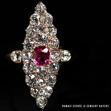 NATURAL RUBY & 2.23CTW OLD MINE CUT DIAMOND MARQUISE SHAPE 14K YELLOW GOLD RING