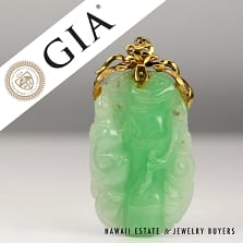 GIA Jadeite Jade Pale Green Carved 18K Yellow Gold Pendant