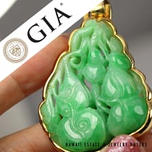 GIA Grade A Jadeite Jade Green Carved 2 Gourds 14k Yellow Gold Pendant