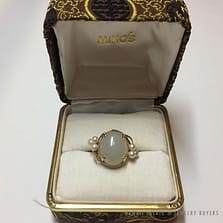 MING'S HAWAII PALE GREEN JADE & PEARL 14K YELLOW GOLD RING (SZ 5.75) W/ BOX