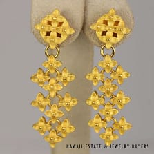22K YELLOW GOLD 25.4g FLORAL INTRICATE MOTIF DANGLE EARRINGS 50X15mm