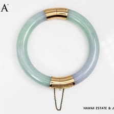 GIA 68.2g 14KYG MOTTLED GREEN & LIGHT PURPLISH GRAY TYPE A HINGED BANGLE BRACELET SIZE 7.5