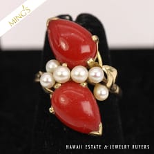 MING'S RED CORAL & PEARL 6.0g 14K YELLOW GOLD RING SIZE 6