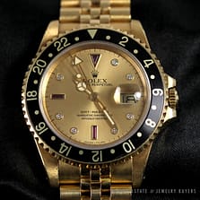 ROLEX GMT-MASTER 18K YELLOW GOLD SERTI DIAMOND RUBY 16758 WATCH WITH BOX & PAPER
