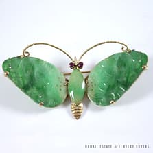 Vintage Apple-Green Jadeite Jade & Ruby Butterfly 14K Yellow Gold Brooch