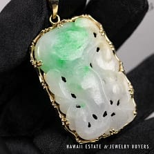 Moss in Snow Jade Carved Pendant 14K Yellow Gold 45x30mm
