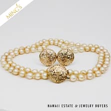 MING'S SET 14KYG BIRD IN PLUM PEARL NECKLACE AND EARRINGS WITH BOX