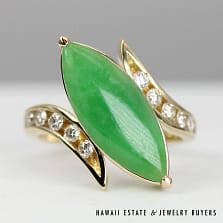 GIA Grade A Jadeite Jade Green Marquise 0.45CTW Diamond 14K Yellow Gold Ring