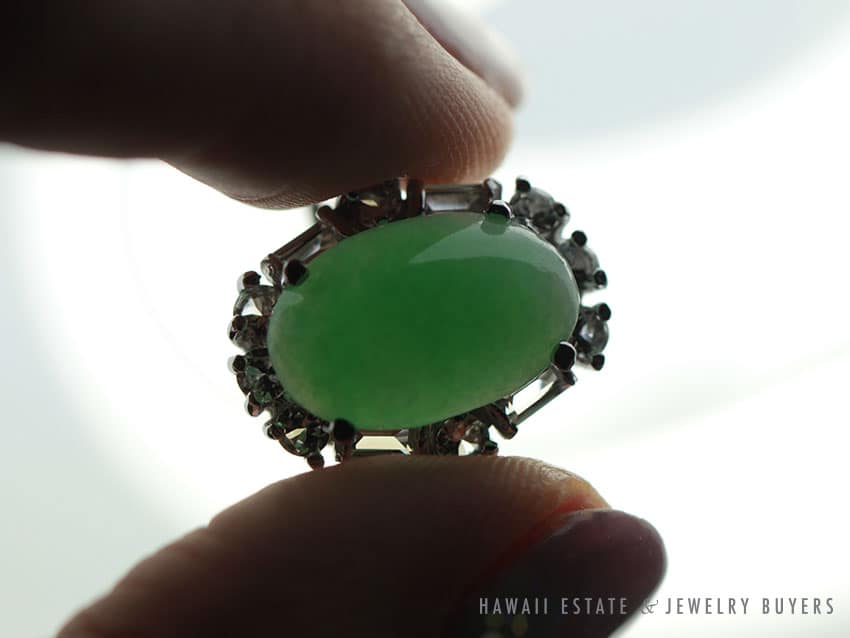 GIA Certified Oval Jade Cabochon Diamond 14K White Gold Ring