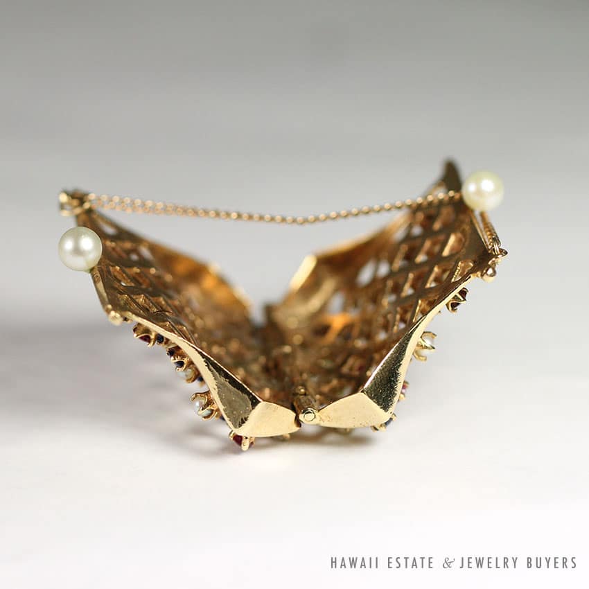 NATURAL PINK & BLUE SAPPHIRE RUBY PEARL 14K YELLOW GOLD MINIATURE PURSE PENDANT - Image 4