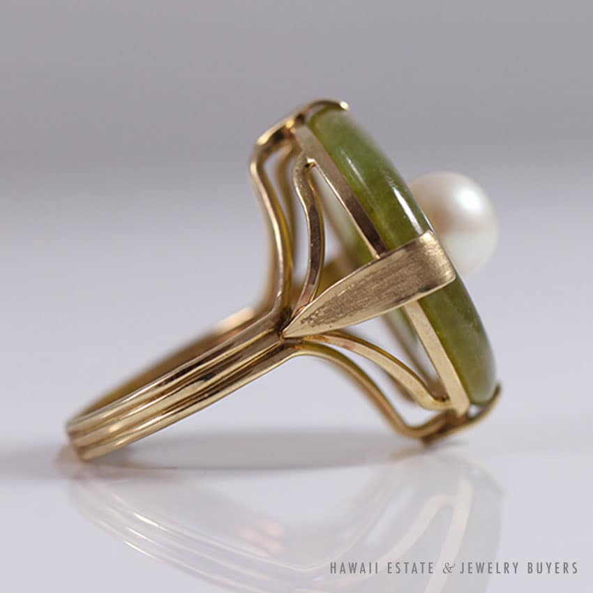 Ming's Hawaii Natural Green Jade Do-nut W/ Cultured Pearl 14K Yellow Gold Ring - Image 2