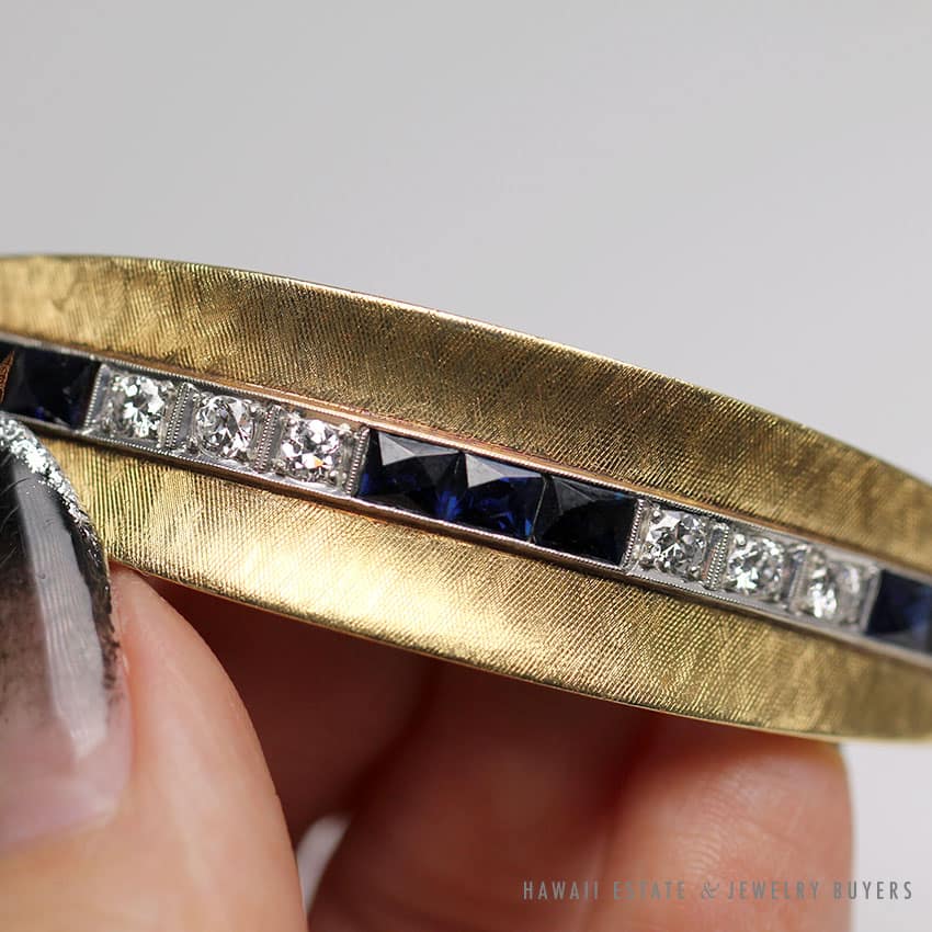 VINTAGE SAPPHIRE DIAMOND 14K YELLOW GOLD HINGED BANGLE BRACELET W/ APPRAISAL - Image 3