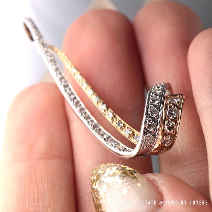 Diamond White Gold Yellow Gold 14k Ribbon Pendant - Image 3