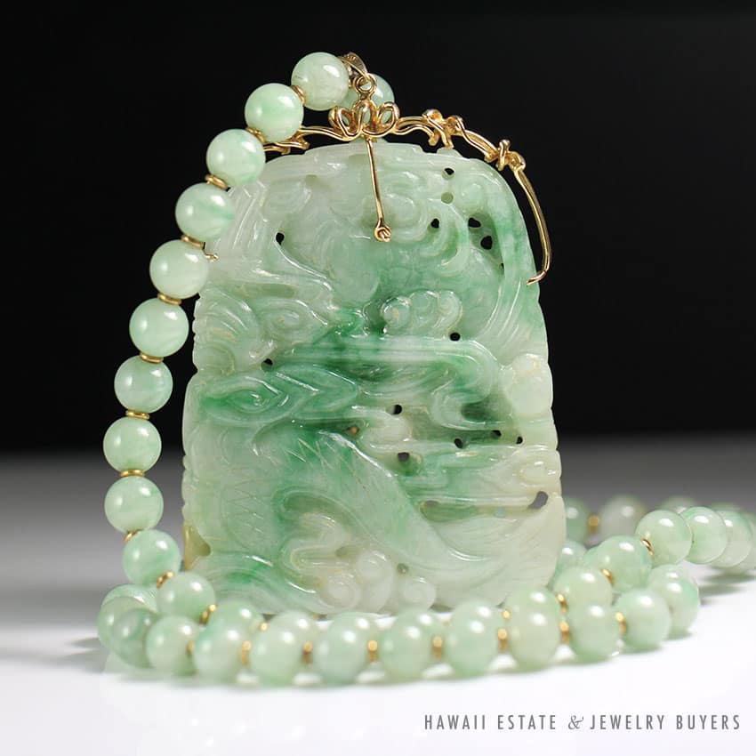 NATURAL BURMESE JADEITE JADE GREEN CARVED DRAGON PENDANT AND JADE BEAD YELLOW GOLD NECKLACE W/ GEMOLOGIST APPRAISAL