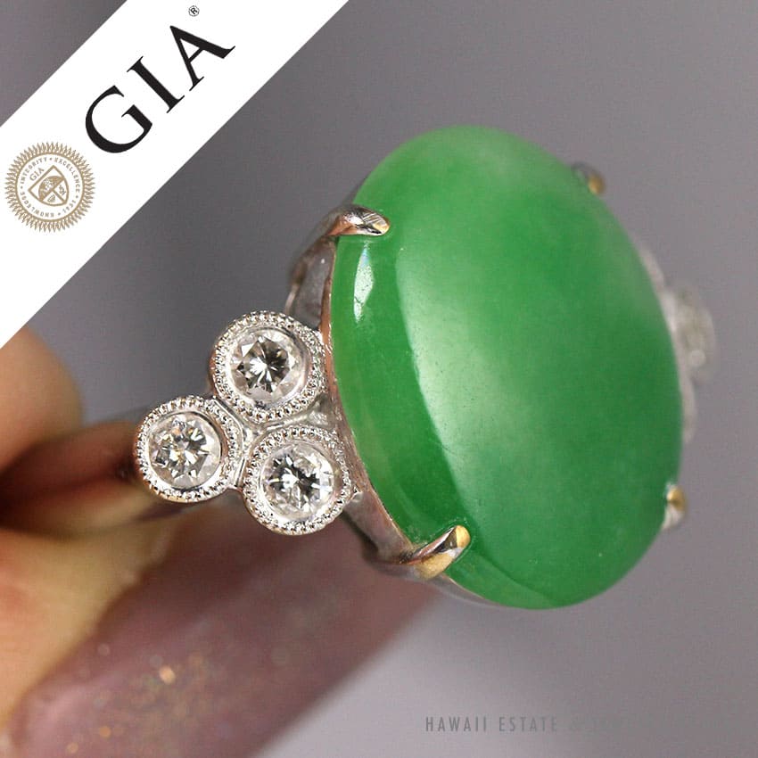 GIA CERTIFIED TRANSLUCENT GREEN JADE 0.30CTW DIAMOND 18K WHITE GOLD RING SZ 8.5 - Image 3