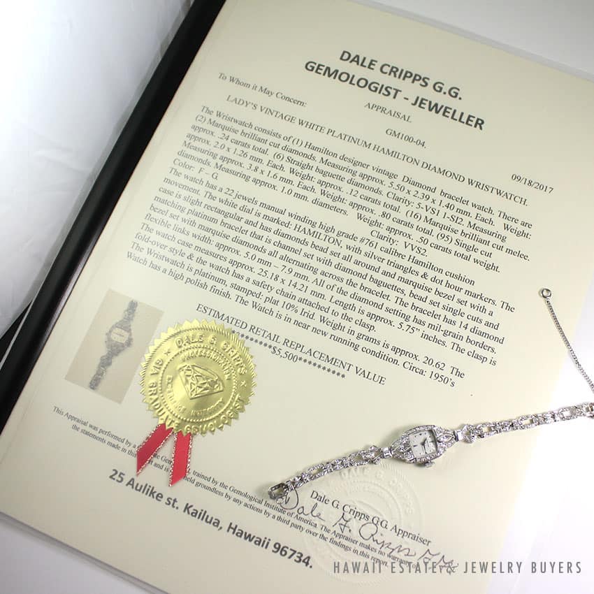 VINTAGE HAMILTON 1.66CTW DIAMOND PLATINUM WRIST WATCH W/ GEMOLOGIST APPRAISAL - Image 3