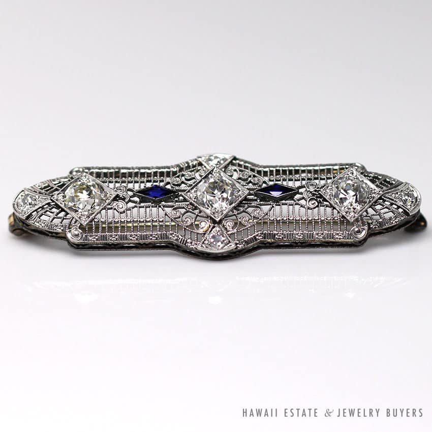 PHENOMENAL ANTIQUE 1920'S 1.95CTW J VS2 DIAMOND AND SAPPHIRE ART DECO BROOCH - Image 3