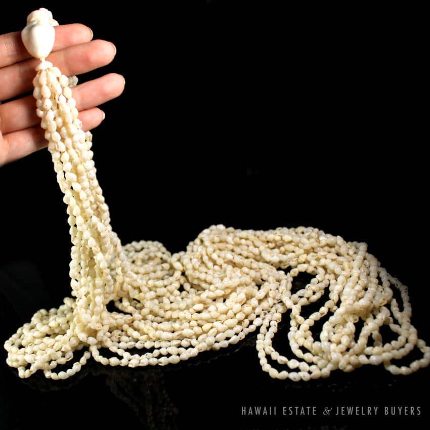 NI'IHAU SHELL 9 STRAND WEDDING LEI NECKLACE LAIKI RICE SHELLS 60"