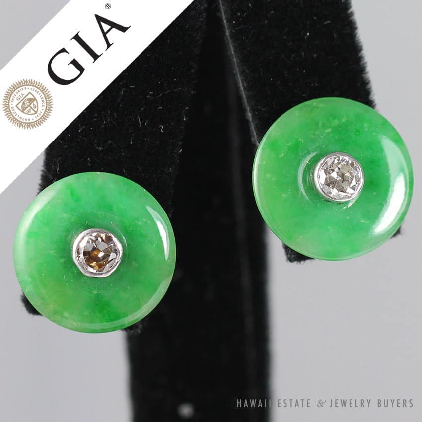 GIA GRADE A TYPE A JADEITE JADE GREEN ART DECO OLD EUROPEAN DIAMOND 14K EARRINGS