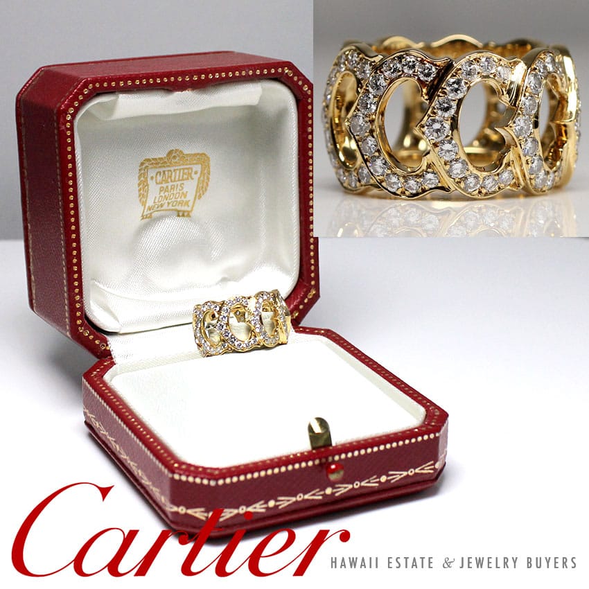 CARTIER C DE CARTIER ENTRELACÉS DIAMOND 18K YELLOW GOLD RING W/ BOX SIZE 5.25