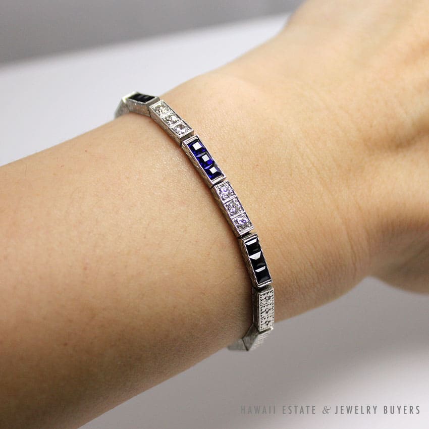 ANTIQUE ART DECO OLD EUROPEAN DIAMOND SAPPHIRE PLATINUM BRACELET W/ APPRAISAL - Image 4