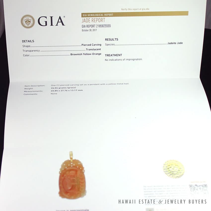 GIA CERTIFIED NATURAL YELLOW JADEITE JADE KOI FISH CARVED 18K YELLOW GOLD PENDANT - Image 2
