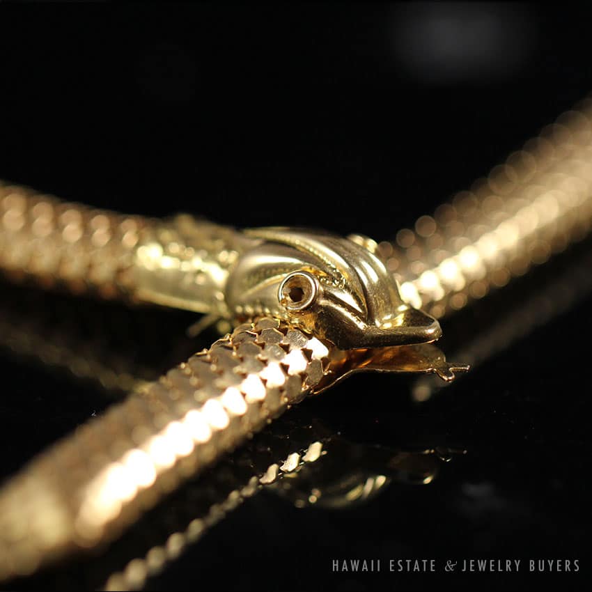 VINTAGE SNAKE BITING TAIL 18K YELLOW GOLD NECKLACE - Image 4