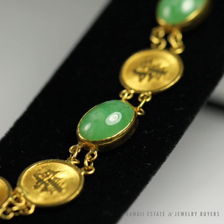 NATURAL GREEN JADEITE JADE CHINESE GOOD LUCK 22K YELLOW GOLD BRACELET - Image 4