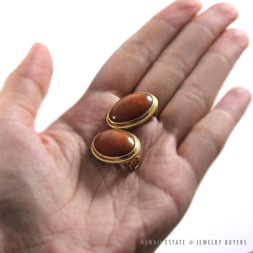 Ming's Hawaii Natural Orange-Brown Jade Cabochon 14K Yellow Gold Clip-On Earrings - Image 3