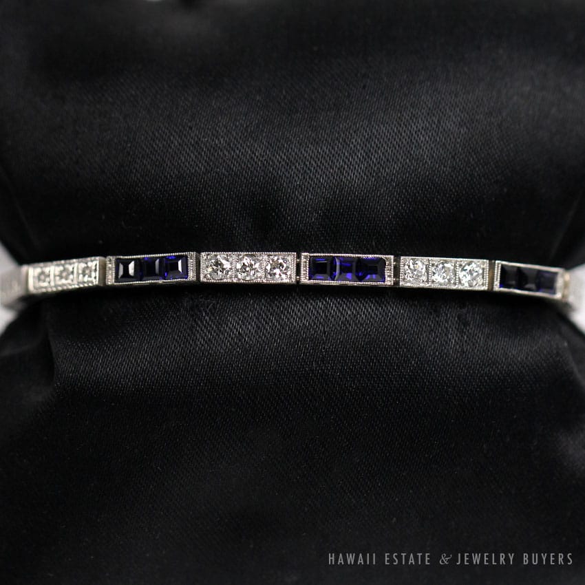 ANTIQUE ART DECO OLD EUROPEAN DIAMOND SAPPHIRE PLATINUM BRACELET W/ APPRAISAL - Image 3