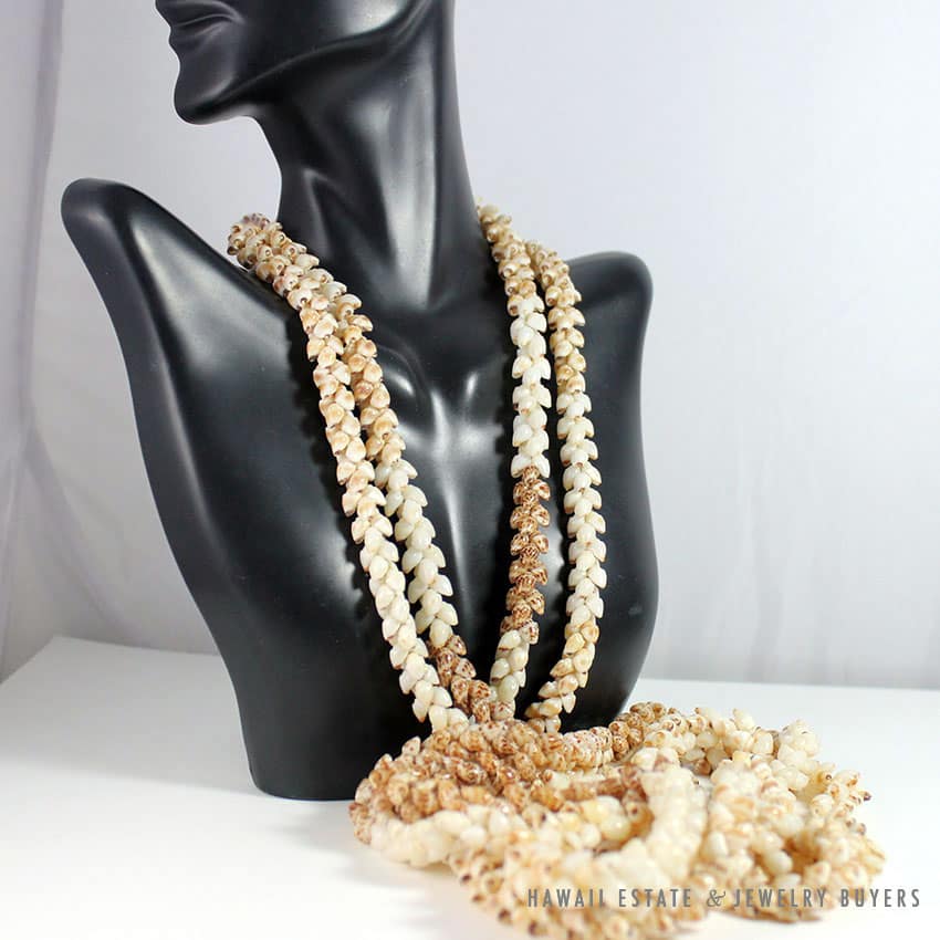 NI'IHAU HAWAIIAN PIKAKI WHITE BROWN LENALENA SHELL WEDDING LEI NECKLACE 46.5" - Image 4