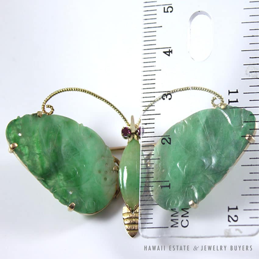 Vintage Apple-Green Jadeite Jade & Ruby Butterfly 14K Yellow Gold Brooch - Image 5