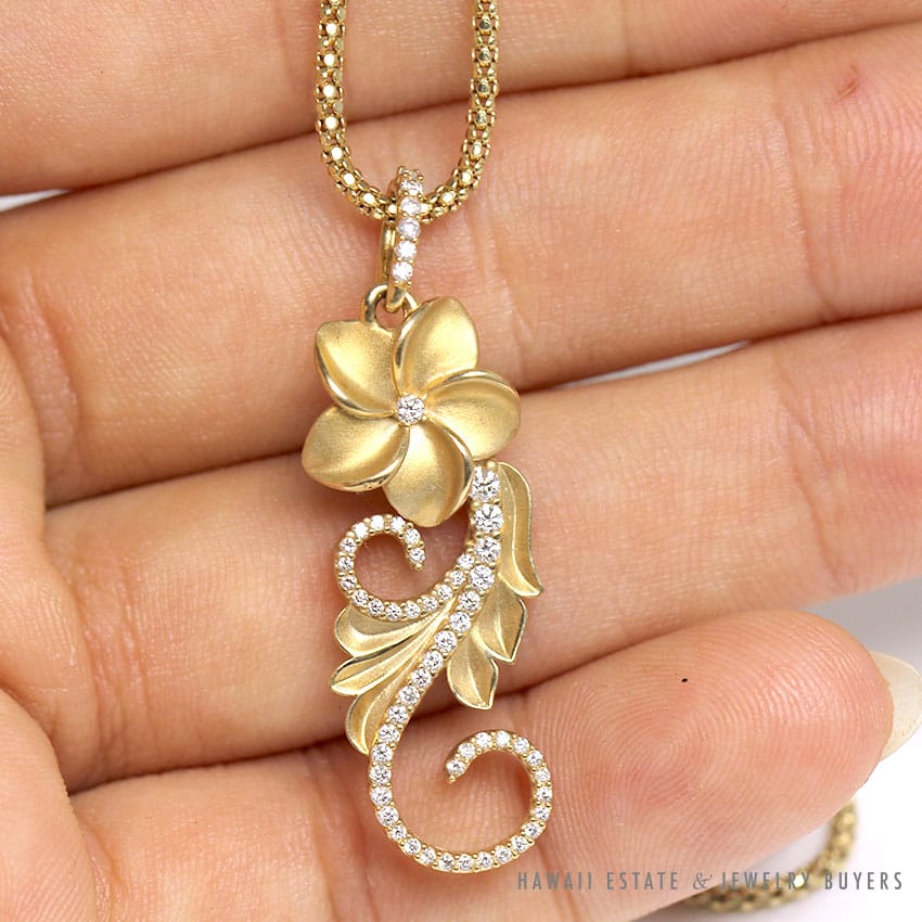 HAWAIIAN HEIRLOOM MAUI DIVERS DIAMOND 14K YELLOW GOLD PLUMERIA