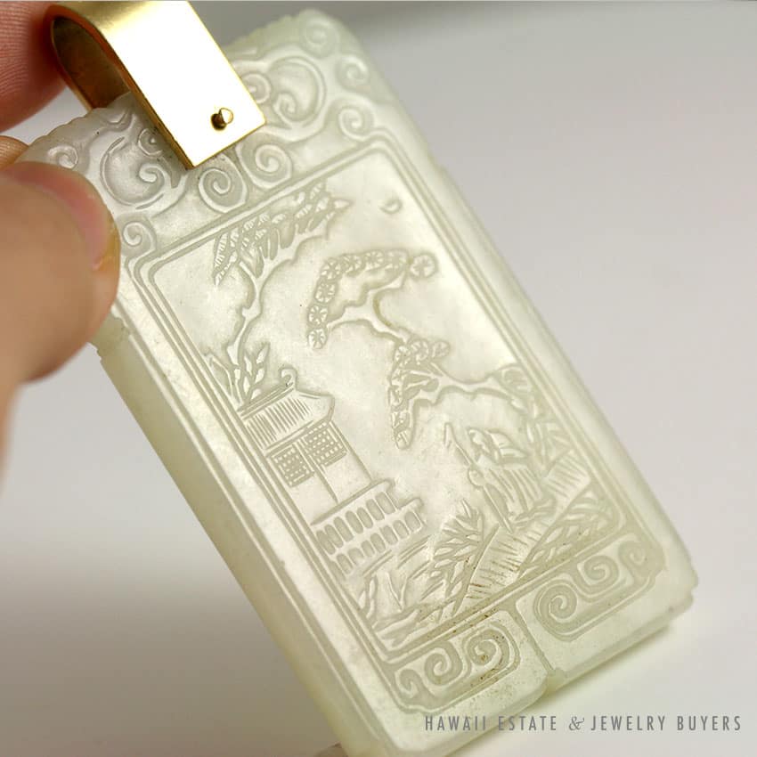 IMPORTANT 19C CHINESE MUTTON FAT WHITE JADE CARVED OLD MAN WITH CANE YELLOW GOLD LARGE PENDANT