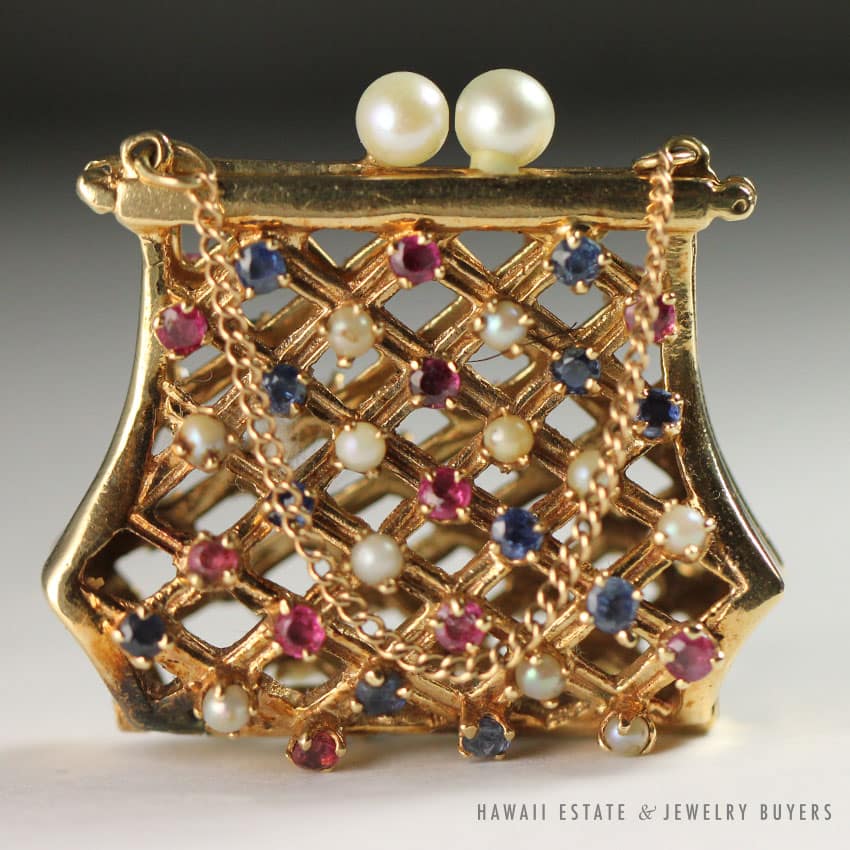 NATURAL PINK & BLUE SAPPHIRE RUBY PEARL 14K YELLOW GOLD MINIATURE PURSE PENDANT