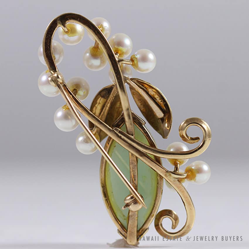 Ming's Hawaii Natural Green Jade & Cultured Pearl Floral Branch 14K Yellow Gold Brooch - Image 2